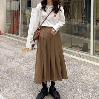 High-waist Pleated Plain Midi Skirt