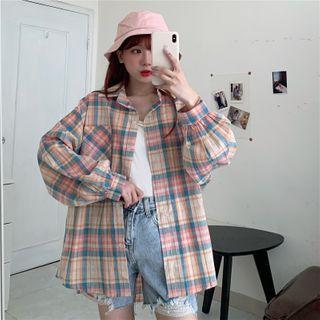 Lantern-sleeve Plaid Shirt Floral - One Size