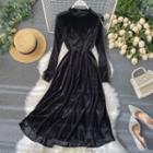 Chain Detail Long-sleeve Velvet Midi A-line Dress Black - One Size