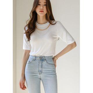 Inset Faux-pearl Necklace Plain T-shirt