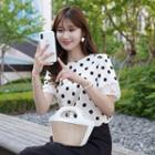 Puff-sleeve Lace-trim Dotted T-shirt
