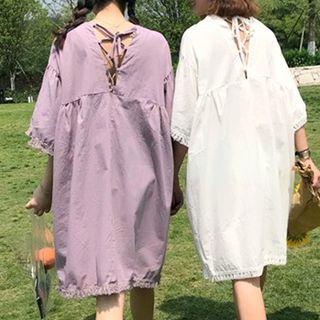 Lace-up Back Elbow-sleeve A-line Dress