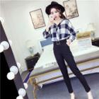 Set: Plaid V-neck Blouse + Skinny Pants