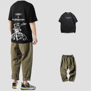 Short-sleeve Cartoon Print T-shirt / Lettering Harem Pants