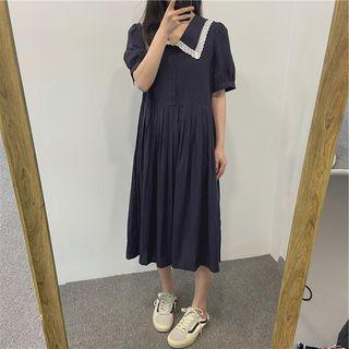 Lace Trim Collar Pleated Midi A-line Dress