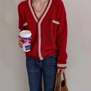 V-neck Color Block Faux Pearl Buttoned Cardigan