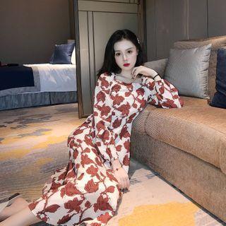 Flower Printed Long-sleeve Dress As Figure - One Size