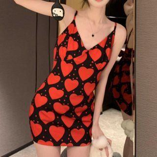 Spaghetti Strap Heart Mini Sheath Dress Red & Black - One Size