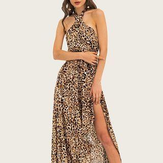 Leopard Print Halter-neck Maxi A-line Dress