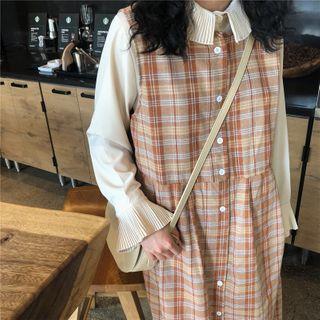 Plain Blouse / Plaid Midi Overall Dress