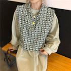 Faux Pearl Button Tweed Vest / Long-sleeve Plain Dress