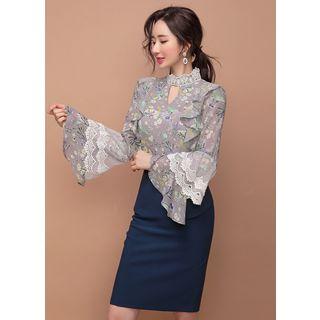 Laced Floral Bell-sleeve Blouse