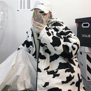 Cow-print Hooded Zip Padded Jacket As Shown In Figure - One Size