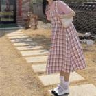 Short-sleeve Plain T-shirt / Spaghetti Strap Plaid Midi Dress