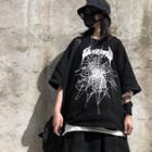 Elbow-sleeve Spider Web Print T-shirt