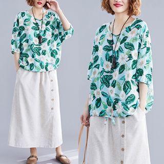 Elbow-sleeve Floral Top 8669 - Green Leaf & Flower - White - One Size