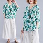 Elbow-sleeve Floral Top 8669 - Green Leaf & Flower - White - One Size