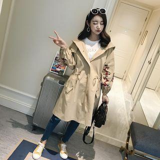Single-breasted 3/4-sleeve Floral Embroidered Pocketed Hooded Jacket