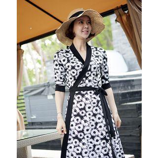 Elbow-sleeve Floral Surplice-wrap Dress