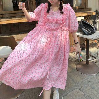 Short-sleeve Floral Print Midi Dress Pink - One Size