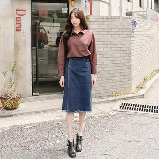 Fray-hem Denim H-line Wrap Skirt