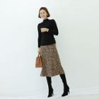 Band-waist Leopard Knit Skirt Beige - One Size