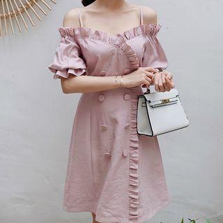 Elbow-sleeve Ruffled Cold Shoulder Double Breasted A-line Dress