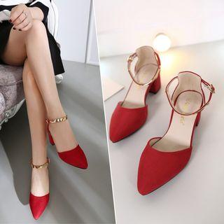 Chunky Heel Ankle Strap Pointed Sandals