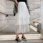 Plaid Blazer / Plain Camisole Top / Mesh Midi Tiered Skirt / Set