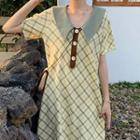 Short-sleeve Plaid Wide Collar Dress Plaid - Yellow & Green - One Size