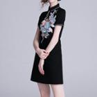Short-sleeve Floral Applique Polo Dress