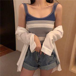 Plain Shirt / Sleeveless Striped Knit Top