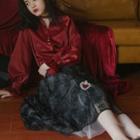 Set: Bell-sleeve Blouse + Heart Print A-line Midi Skirt