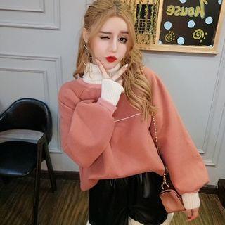 Set:mock Two-piece Color-block Mock-neck Long Sleeve Top + Color-block Shorts