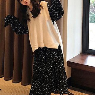 Long-sleeve Polka Dot Maxi Dress / V-neck Knit Vest