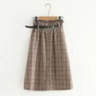 Plaid Buttoned A-line Midi Skirt With Belt