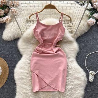 Suspender Plain Cutout Waist Slit Dress
