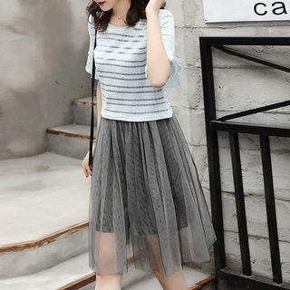 Set: Striped Elbow Sleeve Top + Pleated Mesh Dress