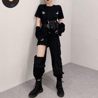 Butterfly Print Short-sleeve T-shirt / Cut-out Jogger Pants