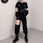 Butterfly Print Short-sleeve T-shirt / Cut-out Jogger Pants