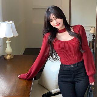 Lantern-sleeve Halter Knit Top