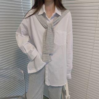 Long-sleeve Plain Loose Fit Shirt / Stripe Shawl