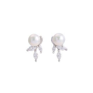 Sterling Silver Fashion Simple Freshwater Pearl Stud Earrings With Cubic Zirconia Silver - One Size