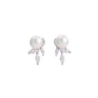 Sterling Silver Fashion Simple Freshwater Pearl Stud Earrings With Cubic Zirconia Silver - One Size