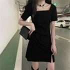 Square-neck Split Plain Mini Skirt Black - One Size