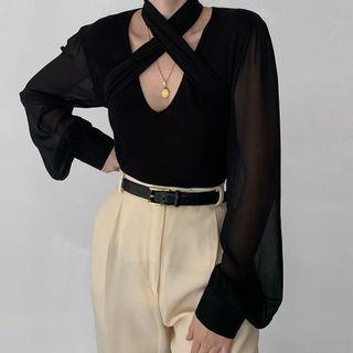 Crisscross Mesh Panel Tie-waist Crop Top