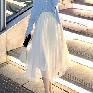 Asymmetrical Hem Mesh A-line Maxi Skirt