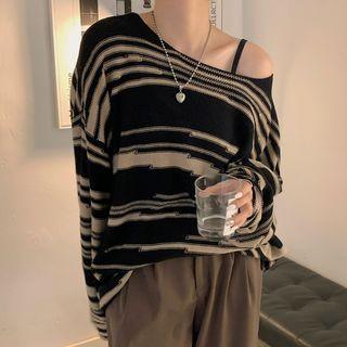 Off-shoulder Striped Long-sleeve Sweater Black - One Size