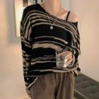 Off-shoulder Striped Long-sleeve Sweater Black - One Size