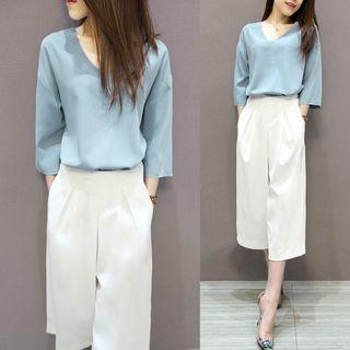 Set: 3/4 Sleeve Chiffon Top + Wide-leg Pants